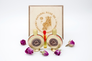 Rose oil in a beautiful vial and placed in luxurious wooden box 150g